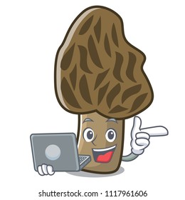 With laptop morel mushroom character cartoon