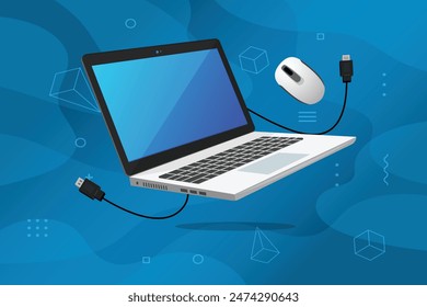 Laptop with mouse and cable icon illustration