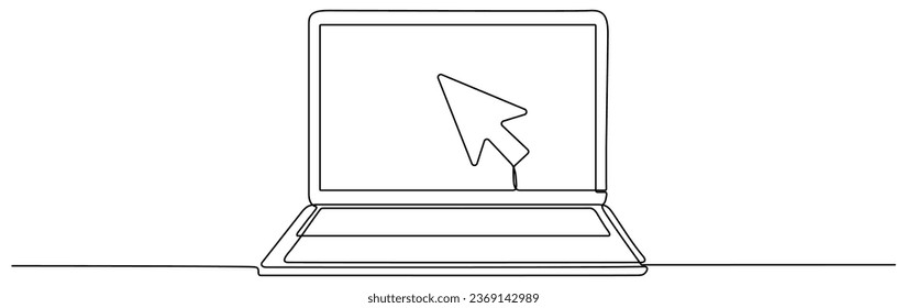 Laptop with mouse cursor continuous line drawn. Arrow pointer linear symbol. Vector illustration isolated on white.