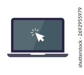 Laptop with mouse cursor icon. Notebook screen showing pointer click on white background