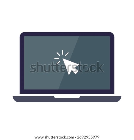Laptop with mouse cursor icon. Notebook screen showing pointer click on white background