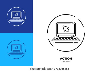 Portátil con icono vectorial de línea de cursor del ratón. Símbolo de esquema del bloc de notas. Acción haga clic en el pictograma hecho de trazo fino. Aislado en segundo plano.