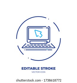Laptop with mouse cursor line art vector icon with editable stroke. Outline symbol of notebook. Action click pictogram made of thin stroke. Isolated on background.
