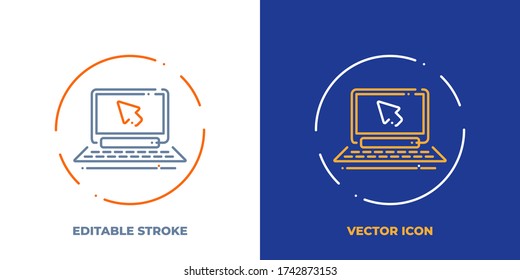 Laptop with mouse cursor line art vector icon with editable stroke. Outline symbol of notebook. Action click pictogram made of thin stroke. Isolated on background.