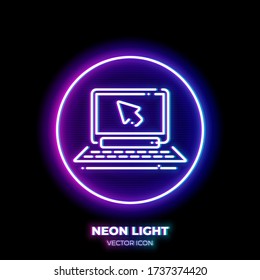 Laptop with mouse cursor neon light line art vector icon. Outline symbol of notebook. Action click pictogram made of thin stroke. Isolated on background.