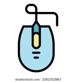 Vector de contorno del icono del ratón del portátil. Tienda de computadoras. Ver plano de color de la tienda