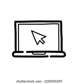 Laptop with mouse on the screen doodle icon. Hand drawn symbol. Vector illustration.