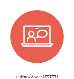 Laptop and mouse in online tutorial thin line icon for web and mobile minimalistic flat design. Vector white icon inside the red circle.