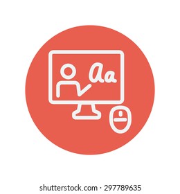 Laptop and mouse in online tutorial thin line icon for web and mobile minimalistic flat design. Vector white icon inside the red circle.