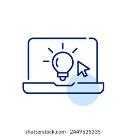 Laptop with mouse pointer clicking on light bulb. Creativity sources and workshops. Innovation ideas access. Editable