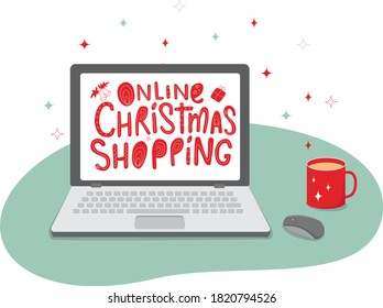 Laptop, mouse, sign on the screen - online Christmas shopping. Vector stock illustration isolated on white background for web shop design. 