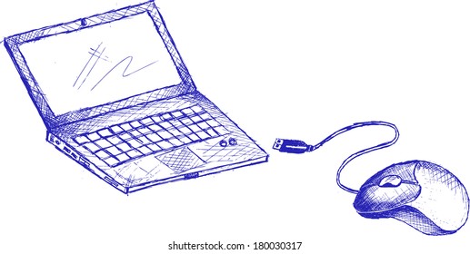 Laptop with mouse ,sketch