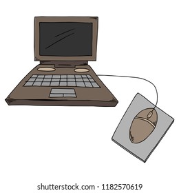 Laptop with a mouse. Vector illustration of a laptop computer with a mouse. Hand drawn laptop.
