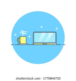 Laptop and Mug Flat Illustration, Simple Cartoon Illustration with Blue Background