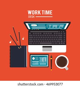 laptop mug tablet infographic worktime desk office supply icon. Colorful design. Vector illustration
