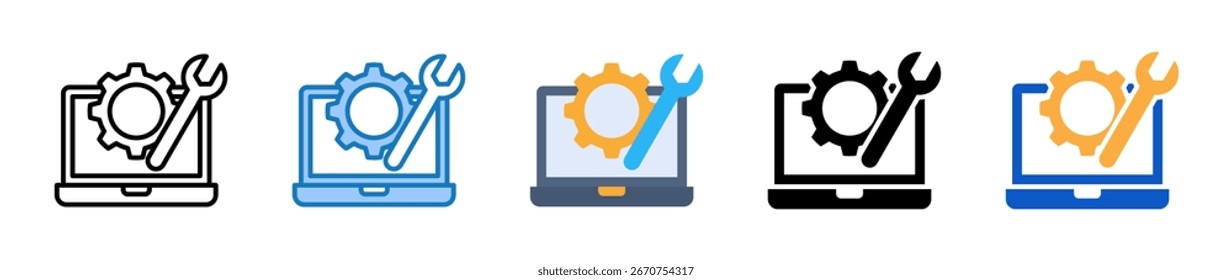 Ícones de vários estilos do laptop definem a ilustração do vetor de design.