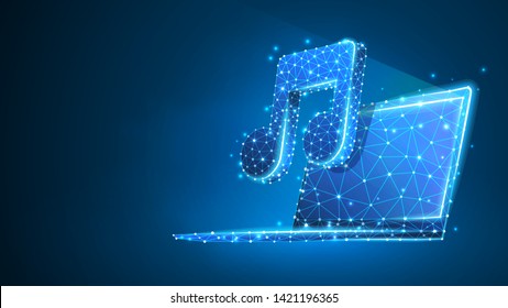 Laptop with Music note symbol on screen. Polygonal Internet sound, computer player concept. Abstract, digital, wireframe low poly mesh vector blue neon 3d illustration. Triangle line dot