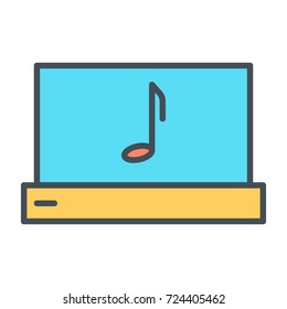 Laptop with music note thin line icon. 96x96 for Web Graphics and Apps.  Simple Minimal Pictogram. Vector
