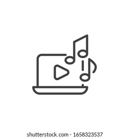 Laptop with music notes line icon. linear style sign for mobile concept and web design. Computer media music outline vector icon. Symbol, logo illustration. Vector graphics