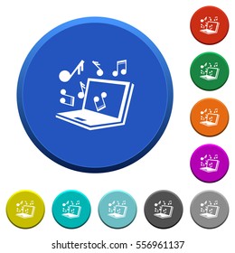 Laptop with music symbols round color beveled buttons with smooth surfaces and flat white icons