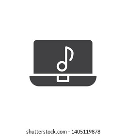 Laptop and musical note vector icon. filled flat sign for mobile concept and web design. Computer music screen glyph icon. Symbol, logo illustration. Vector graphics