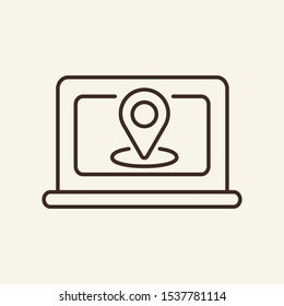 Laptop navigation line icon. Laptop, location point, map. Communication service concept. Vector illustration can be used for topics like communication, telephony, voice connection