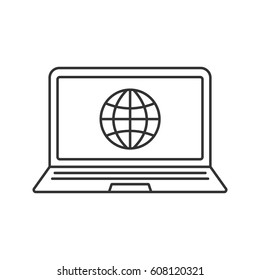 Laptop network connection linear icon. Thin line illustration. Notebook with globe model contour symbol. Vector isolated outline drawing