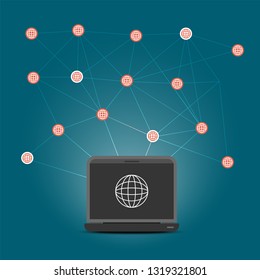 laptop with network icon linking on background 