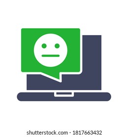 Laptop with neutral face in chat bubble colored icon. Upset customer, negative feedback, online message symbol