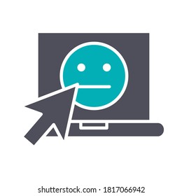 Laptop with neutral face colored icon. Customer unsatisfaction, neutral feedback symbol