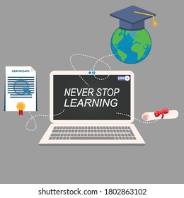 laptop with never stop learning writing with earth and toga decorations