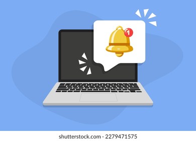 Laptop with new bell notification in a flat design