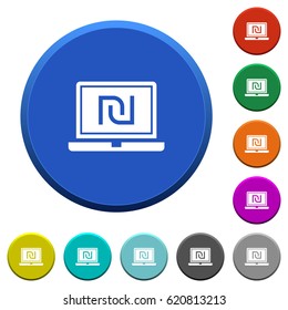 Laptop with new Shekel sign round color beveled buttons with smooth surfaces and flat white icons