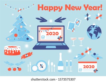 Laptop with New Year card. Notebook and envelope with letter and Merry Christmas title. Xmas set. Modern flat design graphic elements. Vector illustration