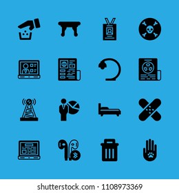 laptop, newspaper, id card, garbage, animal solidarity, presentation, bed, laptop and patch vector icon. Simple icons set