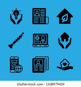 laptop, newspaper, shelter, responsible energy use, eco house, smartphone, newspaper, oboe and home insurance vector icon. Simple icons set