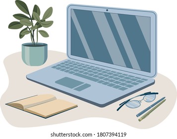 laptop next to flower, notepad, glasses and pens, in blue tones