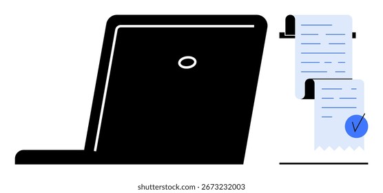Un portátil junto a dos Comprobante de papel con marcas de verificación. Ideal para transacciones en línea, contabilidad digital, comercio electrónico, procesamiento de pagos y gestión financiera. Estilo minimalista simple perfecto para