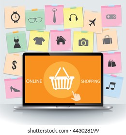 Laptop with Note paper and basket online shopping icons, ecommerce concept, vector illustration