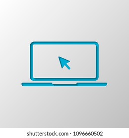 Laptop or notebook with arrow on screen. Paper design. Cutted symbol with shadow