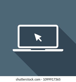 Laptop or notebook with arrow on screen. White flat icon with long shadow on background