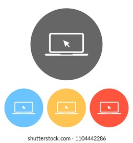 Laptop or notebook with arrow on screen. Set of white icons on colored circles