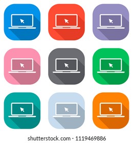 Laptop or notebook with arrow on screen. Set of white icons on colored squares for applications. Seamless and pattern for poster