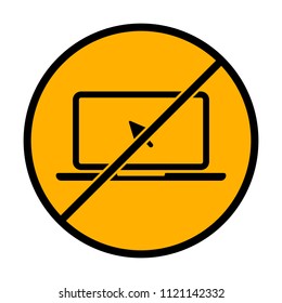 Laptop or notebook with arrow on screen. not allowed, black object in warning sign with orange background color