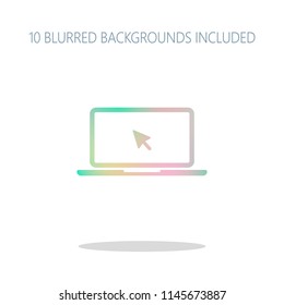 Laptop or notebook with arrow on screen. Colorful logo concept with simple shadow on white. 10 different blurred backgrounds included