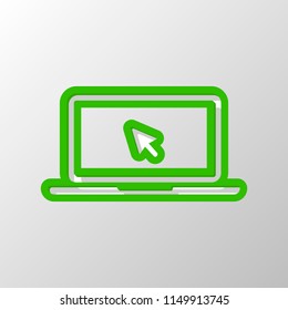 Laptop or notebook with arrow on screen. Paper style. Cut symbol with green bold contour on shape and simple shadow