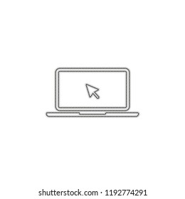 Laptop or notebook with arrow on screen. Dotted outline silhouette with shadow on white background