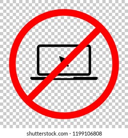 Laptop or notebook with arrow on screen. Not allowed, black object in red warning sign with transparent background