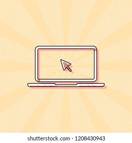 Laptop or notebook with arrow on screen. Vintage retro typography with offset printing effect. Dots poster with comics pop art background