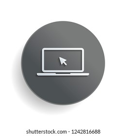 Laptop or notebook with arrow on screen. White paper symbol on gray round button or badge with shadow